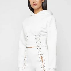 Woman Hoodies CO-ORDS Lace Up Cropped Hoodie - White