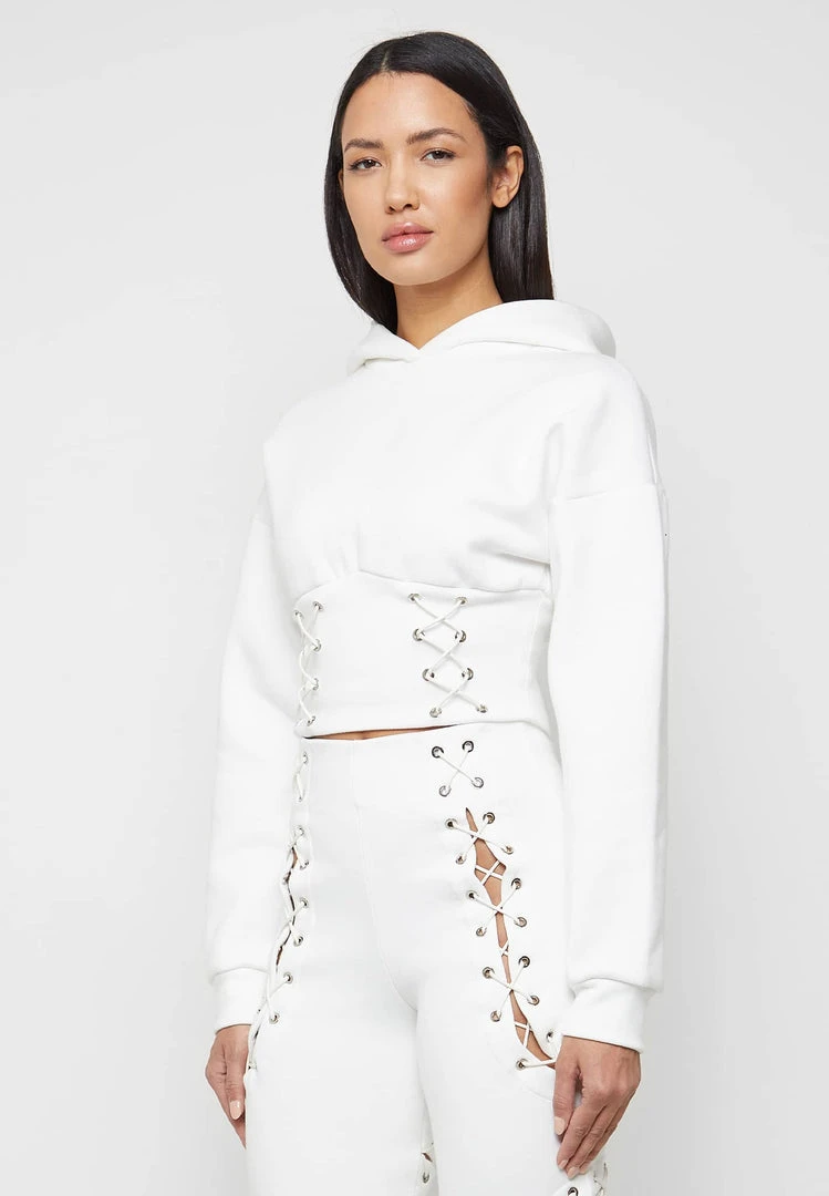 Woman Hoodies CO-ORDS Lace Up Cropped Hoodie - White