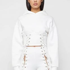 Woman Hoodies CO-ORDS Lace Up Cropped Hoodie - White