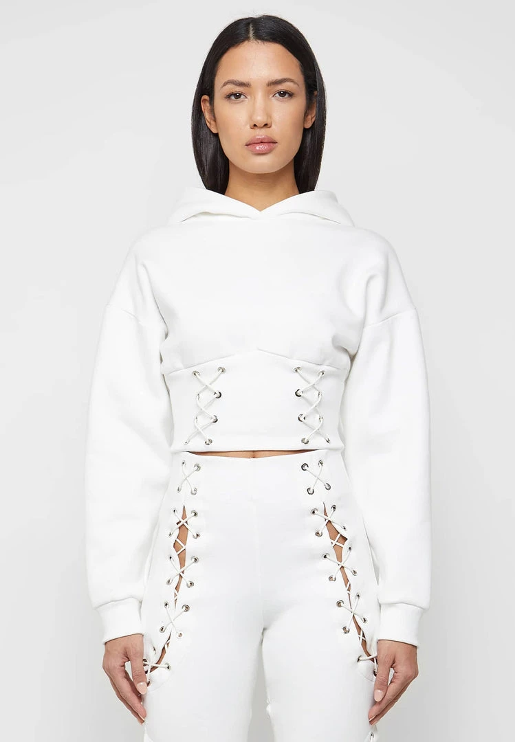 Woman Hoodies CO-ORDS Lace Up Cropped Hoodie - White