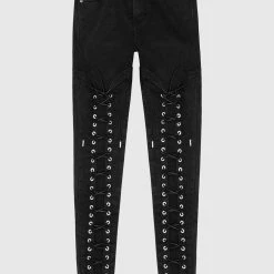 Woman Denim Lace Up Skinny Jeans - Black