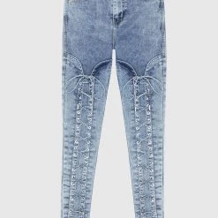 Woman Denim Lace Up Skinny Jeans - Mid Blue