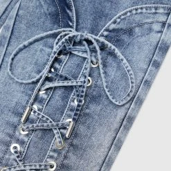 Woman Denim Lace Up Skinny Jeans - Mid Blue