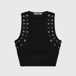 Woman Tops Lace Up Racer Neck Top - Black TOPS & T SHIRTS