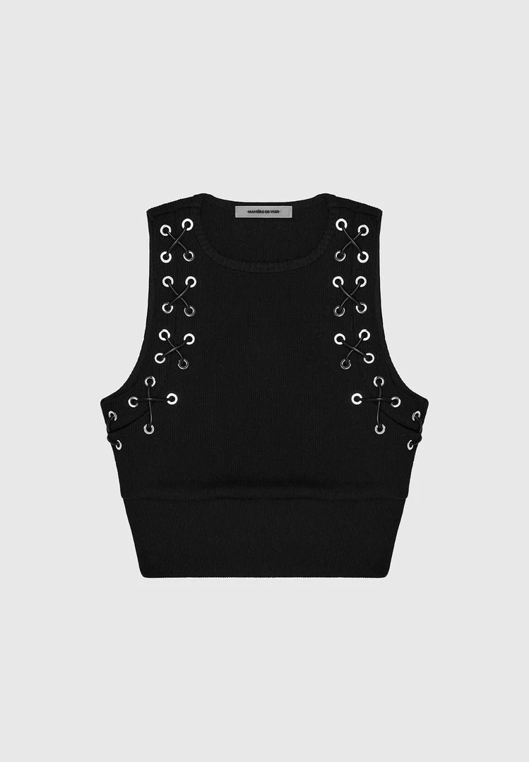 Woman Tops Lace Up Racer Neck Top - Black TOPS & T SHIRTS