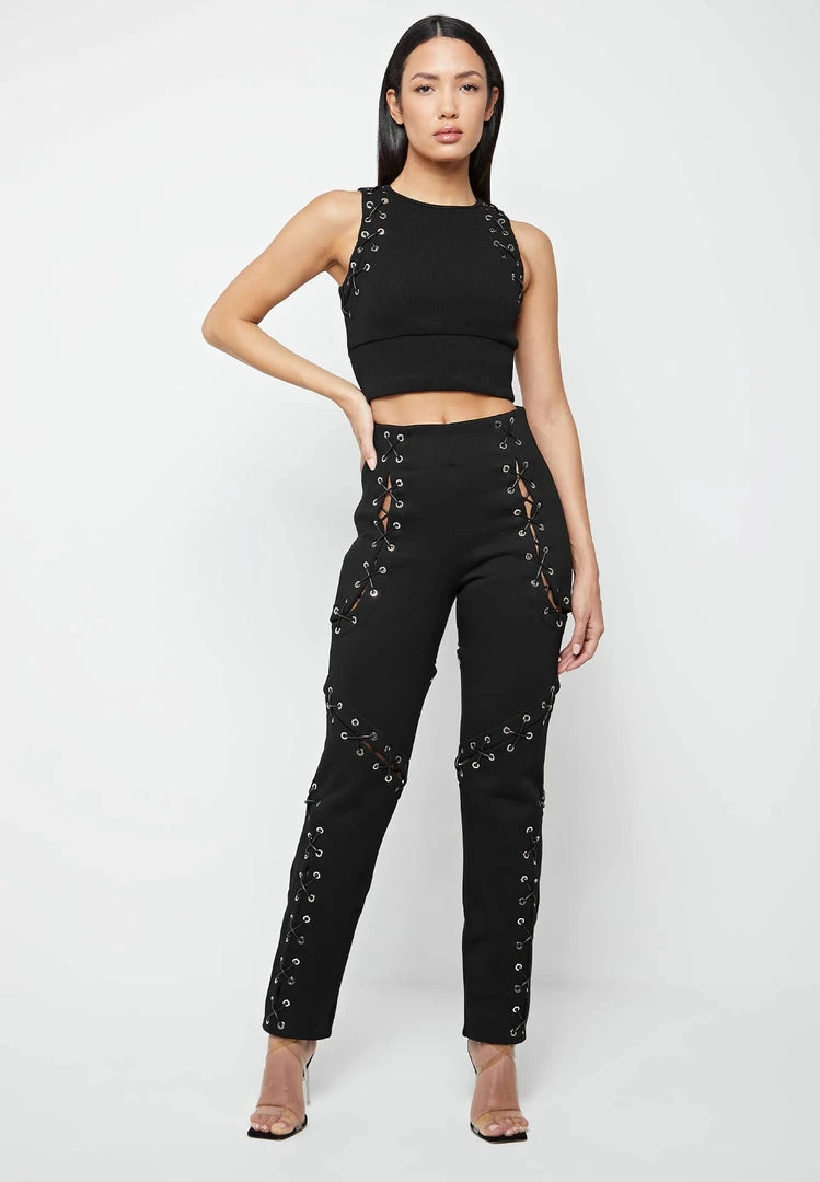 Woman Tops Lace Up Racer Neck Top - Black TOPS & T SHIRTS