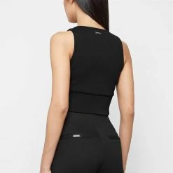 Woman Tops Lace Up Racer Neck Top - Black TOPS & T SHIRTS