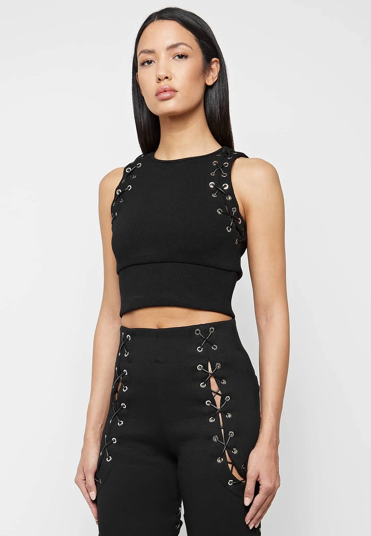 Woman Tops Lace Up Racer Neck Top - Black TOPS & T SHIRTS