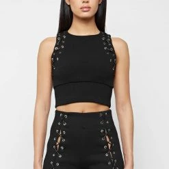 Woman Tops Lace Up Racer Neck Top - Black TOPS & T SHIRTS