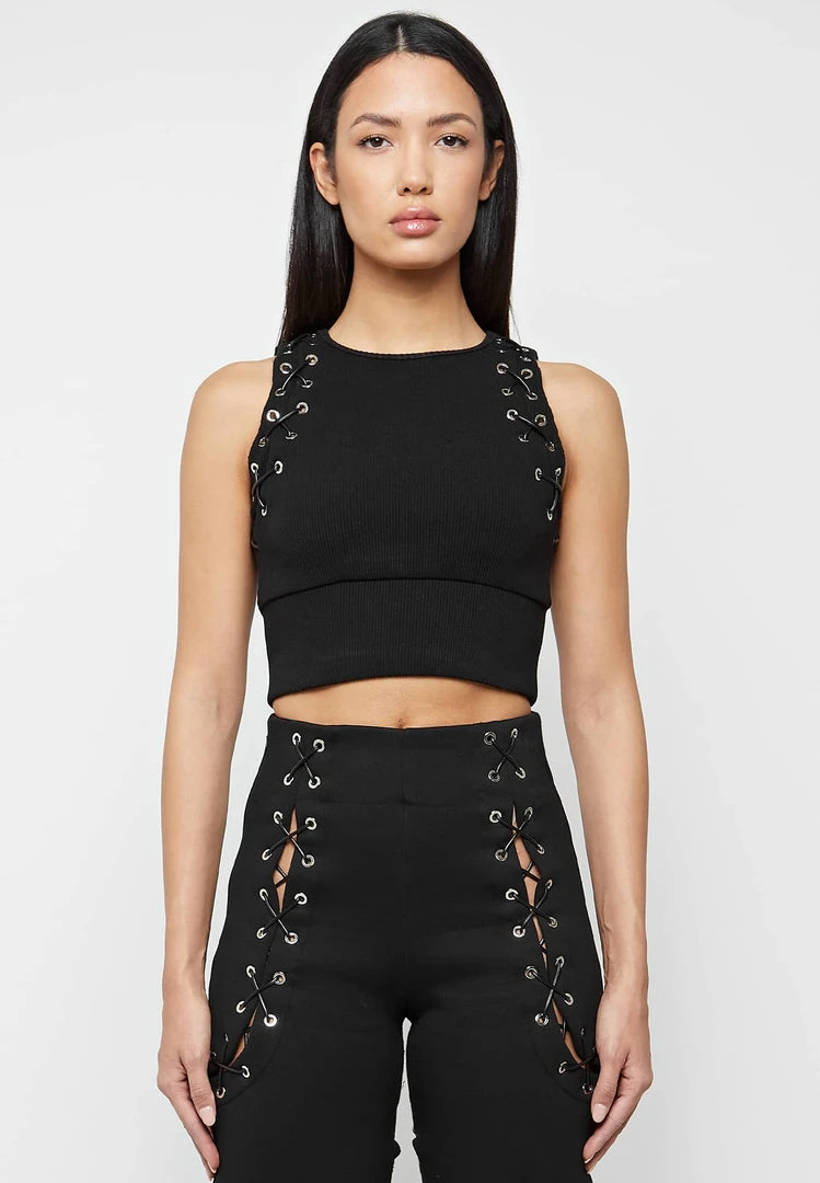 Woman Tops Lace Up Racer Neck Top - Black TOPS & T SHIRTS