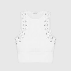 Woman Tops Lace Up Racer Neck Top - White