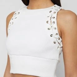 Woman Tops Lace Up Racer Neck Top - White