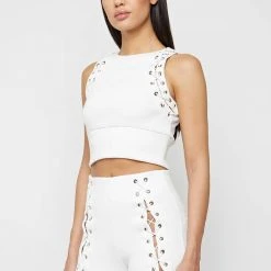 Woman Tops Lace Up Racer Neck Top - White