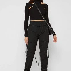 Woman Trousers CARGO PANTS & JOGGERS Lace-Up Cargo Pants - Black