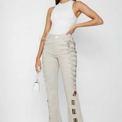 Woman Trousers Lace Up Trousers - Beige