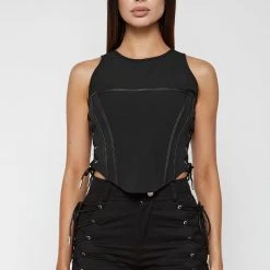 Woman Tops Lace Up Corset Top - Black