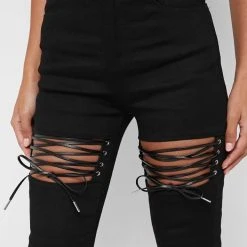 Woman Denim Lace Up Cut Out Skinny Jeans - Black