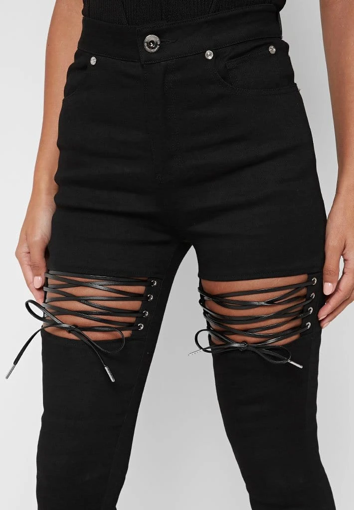 Woman Denim Lace Up Cut Out Skinny Jeans - Black