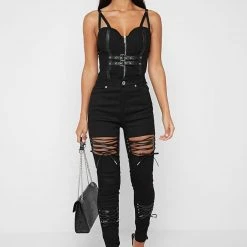 Woman Denim Lace Up Cut Out Skinny Jeans - Black