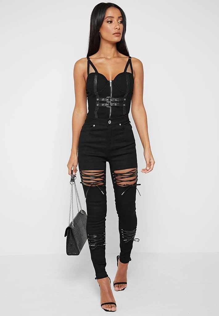 Woman Denim Lace Up Cut Out Skinny Jeans - Black