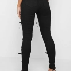 Woman Denim Lace Up Cut Out Skinny Jeans - Black