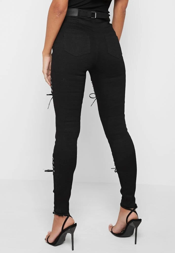 Woman Denim Lace Up Cut Out Skinny Jeans - Black