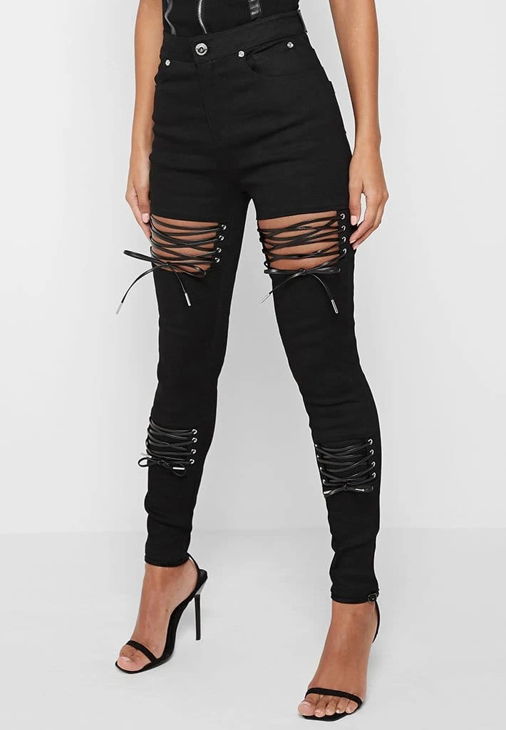 Woman Denim Lace Up Cut Out Skinny Jeans - Black
