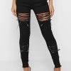 Woman Denim Lace Up Cut Out Skinny Jeans - Black