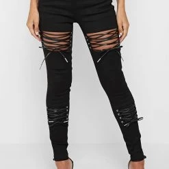 Woman Denim Lace Up Cut Out Skinny Jeans - Black