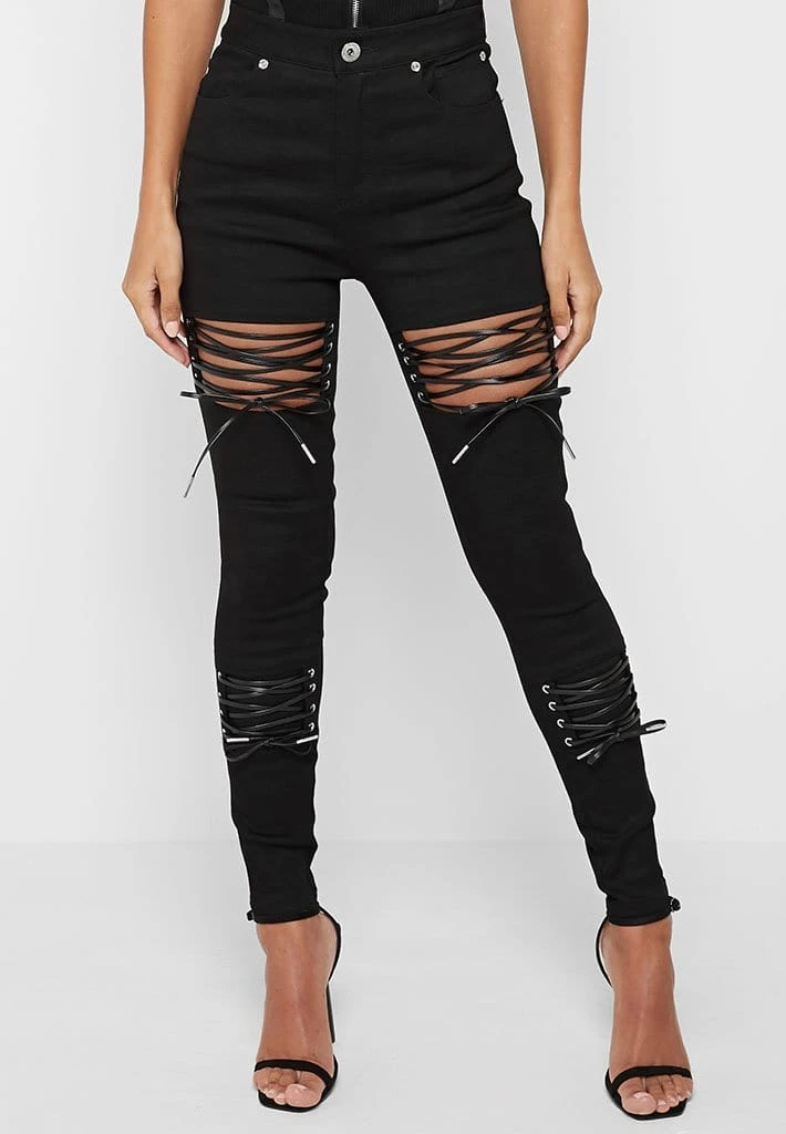 Woman Denim Lace Up Cut Out Skinny Jeans - Black