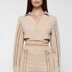 Woman Tops Ladder Detail Cropped Shirt - Beige