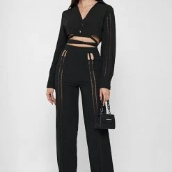 Woman Tops SHIRTS Ladder Detail Cropped Shirt - Black