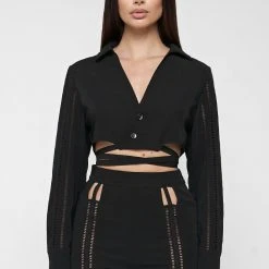 Woman Tops SHIRTS Ladder Detail Cropped Shirt - Black