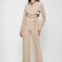 Woman Trousers Ladder Detail High Waisted Trousers - Beige