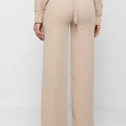 Woman Trousers Ladder Detail High Waisted Trousers - Beige