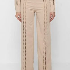 Woman Trousers Ladder Detail High Waisted Trousers - Beige