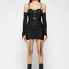 Woman Dresses Laddered Knit Mini Dress With Sleeves - Black