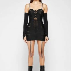 Woman Dresses Laddered Knit Mini Dress With Sleeves - Black