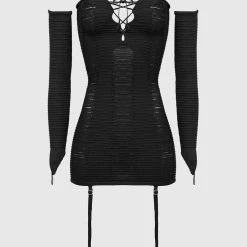 Woman Dresses Laddered Knit Mini Dress With Sleeves - Black