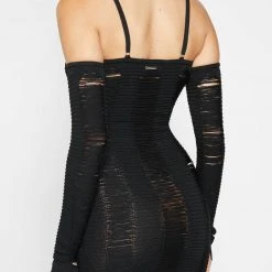 Woman Dresses Laddered Knit Mini Dress With Sleeves - Black