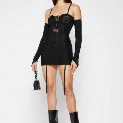 Woman Dresses Laddered Knit Mini Dress With Sleeves - Black