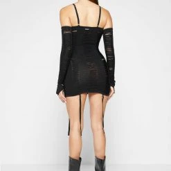 Woman Dresses Laddered Knit Mini Dress With Sleeves - Black