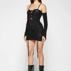 Woman Dresses Laddered Knit Mini Dress With Sleeves - Black