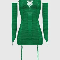 Woman Dresses Laddered Knit Mini Dress With Sleeves - Green