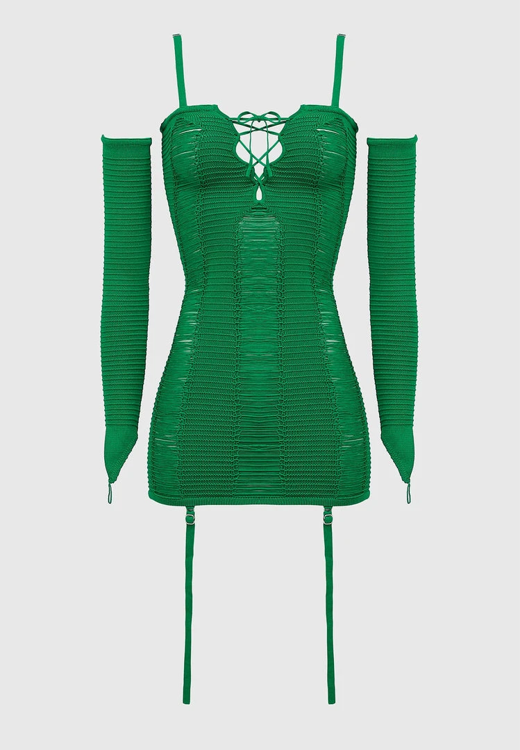 Woman Dresses Laddered Knit Mini Dress With Sleeves - Green