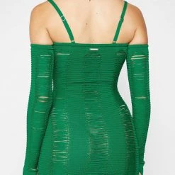 Woman Dresses Laddered Knit Mini Dress With Sleeves - Green
