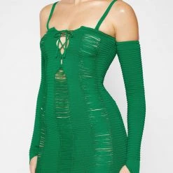Woman Dresses Laddered Knit Mini Dress With Sleeves - Green