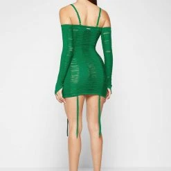 Woman Dresses Laddered Knit Mini Dress With Sleeves - Green