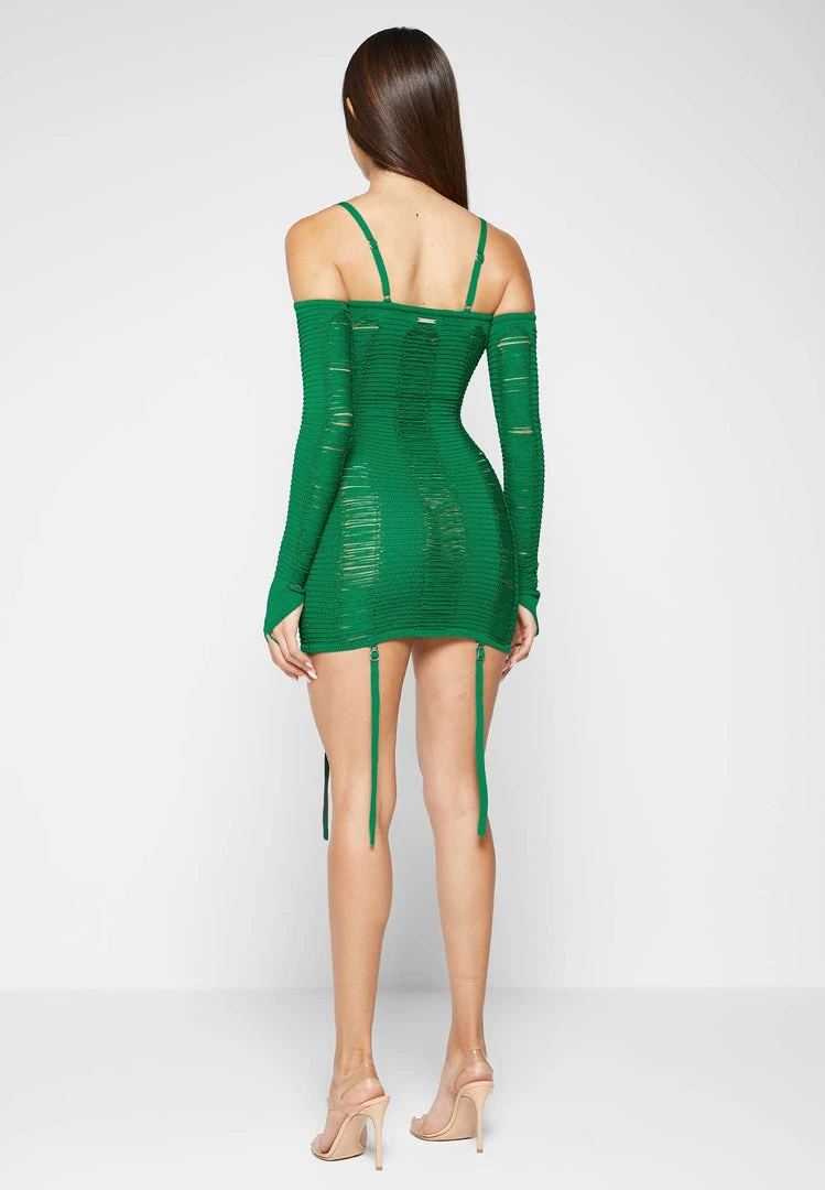 Woman Dresses Laddered Knit Mini Dress With Sleeves - Green