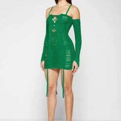 Woman Dresses Laddered Knit Mini Dress With Sleeves - Green